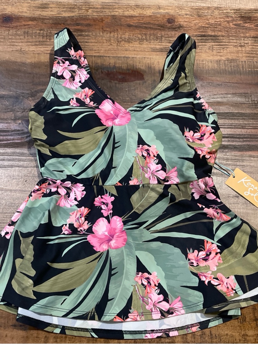 Kona Sol Black Floral Peplum Tankini Top with Pink & Green Print